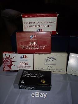 Collection of 2000-2011 US Mint Silver Proof Sets withextra 2002. OGP COA