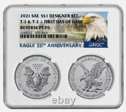 DUAL 2021 Reverse Proof American Silver Eagle Designer 2 Set NGC PF70UC FDOI FDI