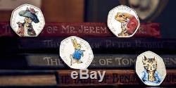 FULL SET OF 2017 BEATRIX POTTER COLOURED SILVER PROOF COINS PETER Rabbit