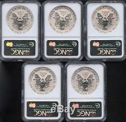 Five Coin Set of 2006-P American Silver Eagle 20th Anni. Reverse Proof NGC PR70