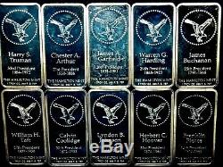 Hamilton Mint 10 Bars U. S. Presidents 1 oz Each. 999 Fine Proof Silver Bar Set