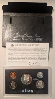 LOT OF 7 U. S. MINT SILVER PROOF SETS 1992 1998 in OGP BOXES with COAs