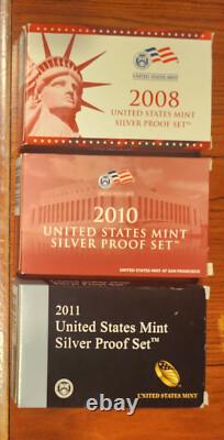 LOT Three U. S. Silver Proof Sets 2008, 2010, 2011 withCOAS and OGP