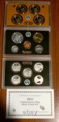 LOT Three U. S. Silver Proof Sets 2008, 2010, 2011 withCOAS and OGP