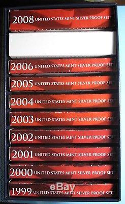 LOT of 10 SILVER PROOF SETS 1999-2008 ORIGINAL PACKAGING CERTIFICATE in BLUE BOX