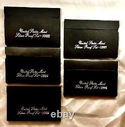 Lot of 5-US Mint Silver Proof Sets With C. O. A and Black Box-1992,'94,'95,'97, 98