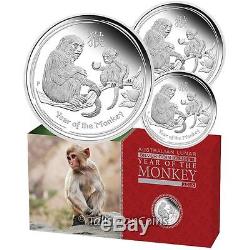 Perth Australia 2016 Year of Monkey 3 Coin Pure Silver Proof Set MINTAGE 1,000