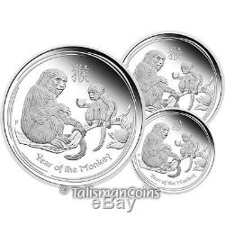 Perth Australia 2016 Year of Monkey 3 Coin Pure Silver Proof Set MINTAGE 1,000