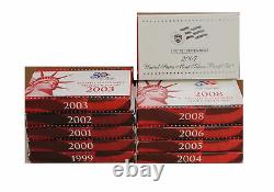 Proof sets Silver 1999 2008, 10 complete sets 109 coins US MINT Run lot