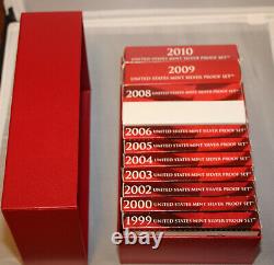 Silver Proof Sets for years 1999,2000 & 2002-2010. 11 years in total. FULL SETS