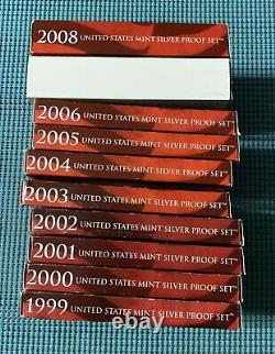 TEN (10) U. S. Mint SILVER PROOF sets 1999 through 2008