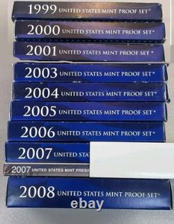 US Mint 10 Annual Proof Sets 1999, 2000,01,03,04,05,06,07,08 OGP BOX & COA