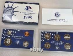 US Mint 10 Annual Proof Sets 1999, 2000,01,03,04,05,06,07,08 OGP BOX & COA