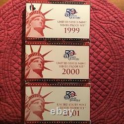 US Mint 1999s, 2000, 2001, Silver Proof Sets Complete with Box & COA
