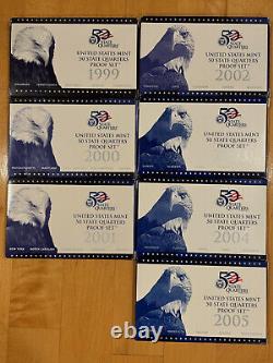 US Mint 50 State Quarters Proof Sets 1999, 2000, 2001, 2002, 2003, 2004, 2005