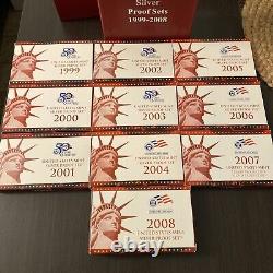 US Mint Silver Proof Set Box 1999-2008-50 State Quarters-each Year COA
