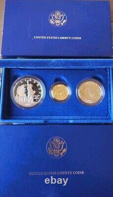 United States Liberty Coins 1986 3 Coin Proof Set Gold And Silver withCase