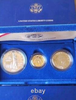 United States Liberty Coins 1986 3 Coin Proof Set Gold And Silver withCase