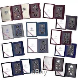 Us Mint Prestige Proof Complete Set Of 14 All Coas And Boxes 90% Silver Dollars