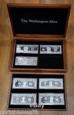 Washington Mint Silver Bar Proofs Currency. 999 $1, $2, $5, $10, $50, $100. 28 oz set