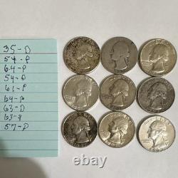 Washington Silver Quarter 25C Lot of 9Coins Circulated Ungraded Uncertified