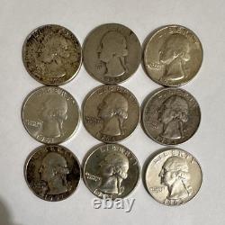 Washington Silver Quarter 25C Lot of 9Coins Circulated Ungraded Uncertified