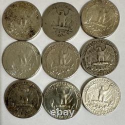 Washington Silver Quarter 25C Lot of 9Coins Circulated Ungraded Uncertified