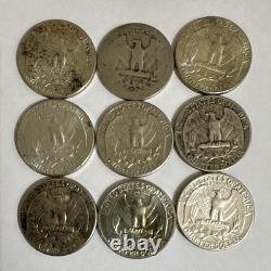 Washington Silver Quarter 25C Lot of 9Coins Circulated Ungraded Uncertified